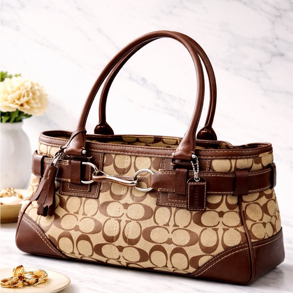 Coach Signature Satchel Tote | Brown Jacquard + Leather | Classic Everyday Bag